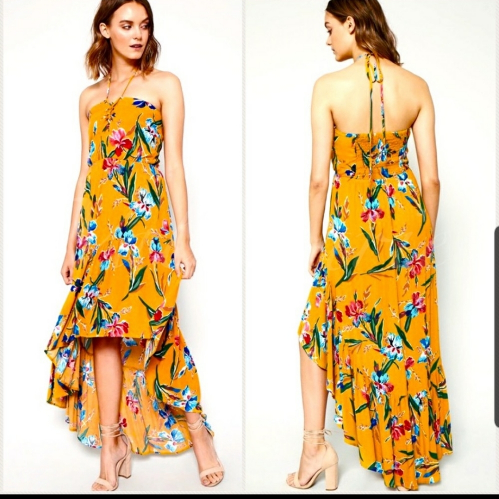 Hi lo dress floral on mustard yellow